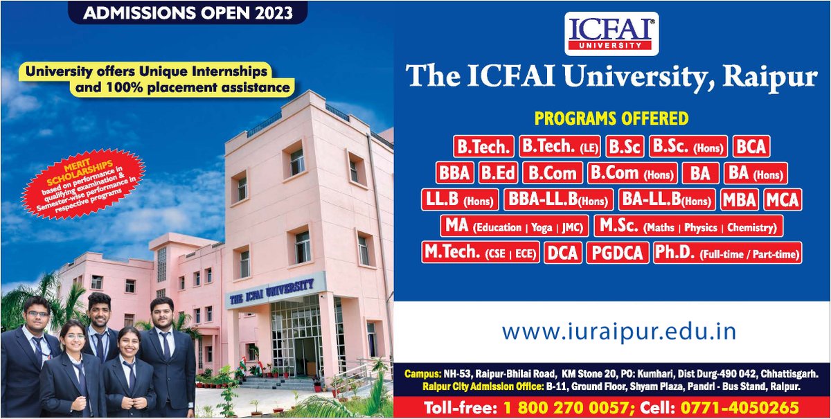 The ICFAI University, Raipur Offers UG & PG Campus-based Programs 2023.

✅ The university offers unique internships. 

✅ 100% placement assistance.

✅ Apply Today!: bit.ly/41PsBLM

#Raipur #Admissions2023 #BTech #MTech #iuraipuradmissions #UniversityPlacements
