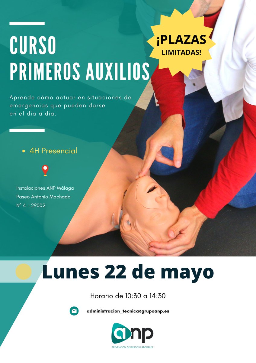 💗 𝗖𝘂𝗿𝘀𝗼 𝗣𝗿𝗶𝗺𝗲𝗿𝗼𝘀 𝗔𝘂𝘅𝗶𝗹𝗶𝗼𝘀 - Aprende cómo actuar ante situaciones de emergencia. 

🗓️ Lunes 22 de mayo - 4 horas presenciales
💥 ¡PLAZAS LIMITADAS!

 Instalaciones de ANP Málaga

RESERVA tu plaza 📩administracion_tecnica@grupoanp.es

#primerosauxilios
