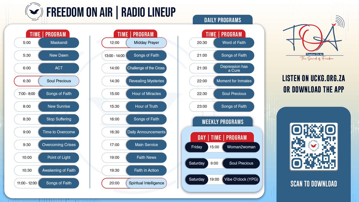 Tired of hearing bad news? Listen in on our Freedom On Air Radio app, for  a message of faith that will uplift your spirit and feed your faith. 

#radio #lineup #upliftyoursoul #positivenews #Monday #FreedomOnAir