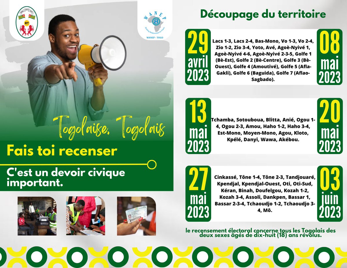 La branche togolaise du Réseau Ouest Africain pour l'édification de la paix  encourage tout citoyen togolais  et toute citoyenne togolaise à se faire recenser en suivant le calendrier de recensement électoral. 

Togolais vient…  Bâtissons la cité!
#togolais228 #recensement2023