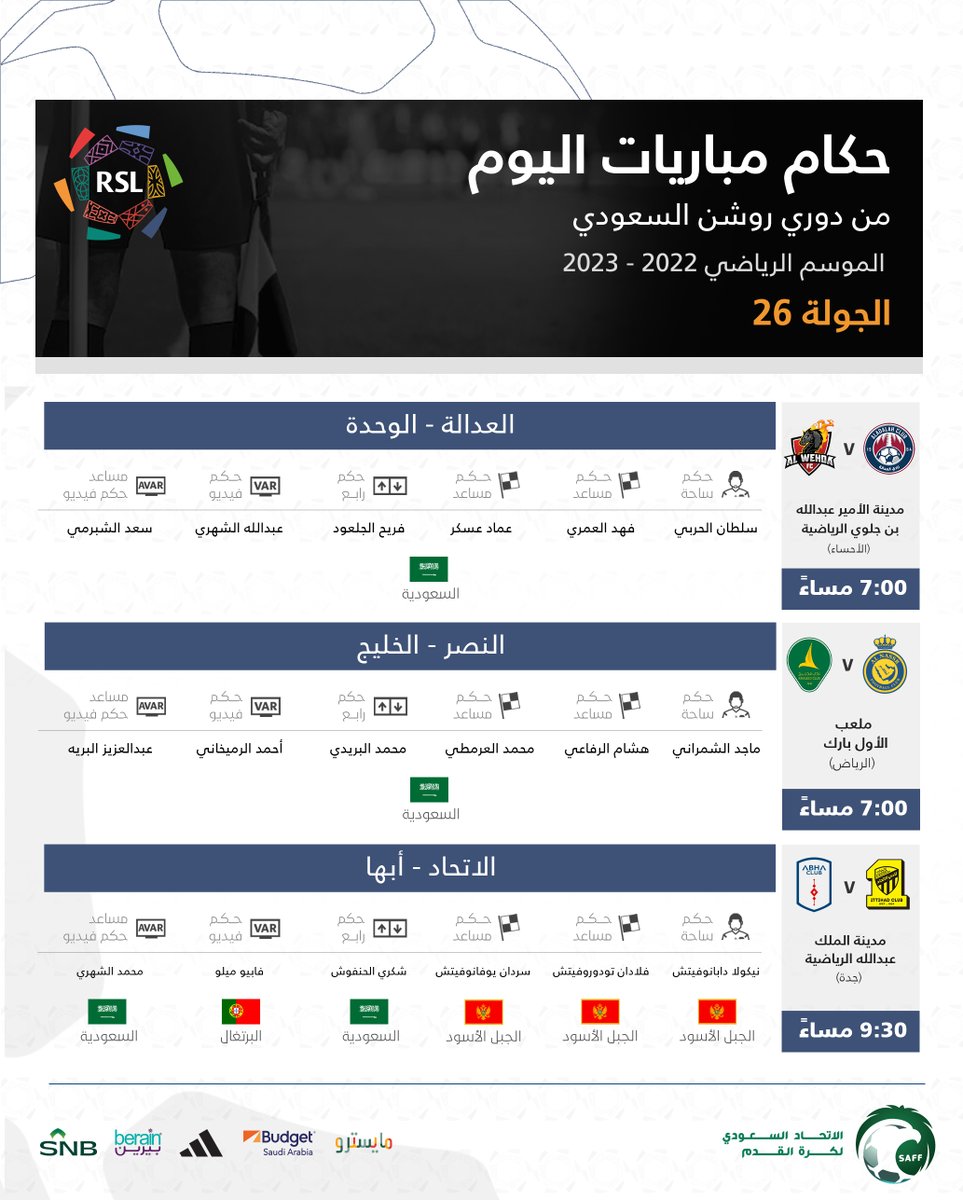 saudiFF's tweet photo. حكام مباريات اليوم ضمن ⁦@SPL⁩ ⚽️🔽 https://t.co/Qfkvnsf9Km