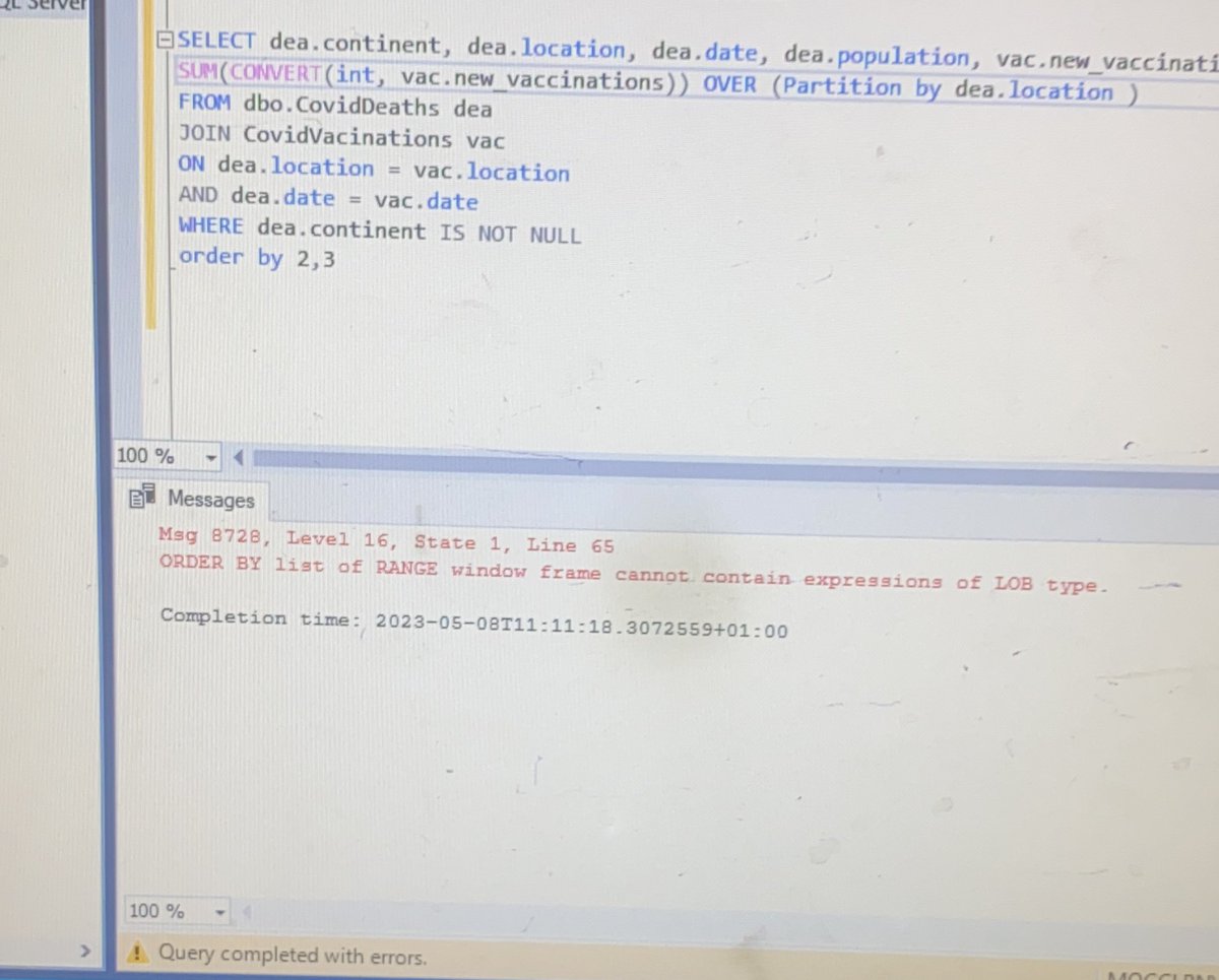Nomychillz's tweet image. So today I practiced PARTION BY, SUM, CONVERT,CAST.
Even though I got an error message😩 when I tried out some codes. Who knows my error??
#31DaysofSQL