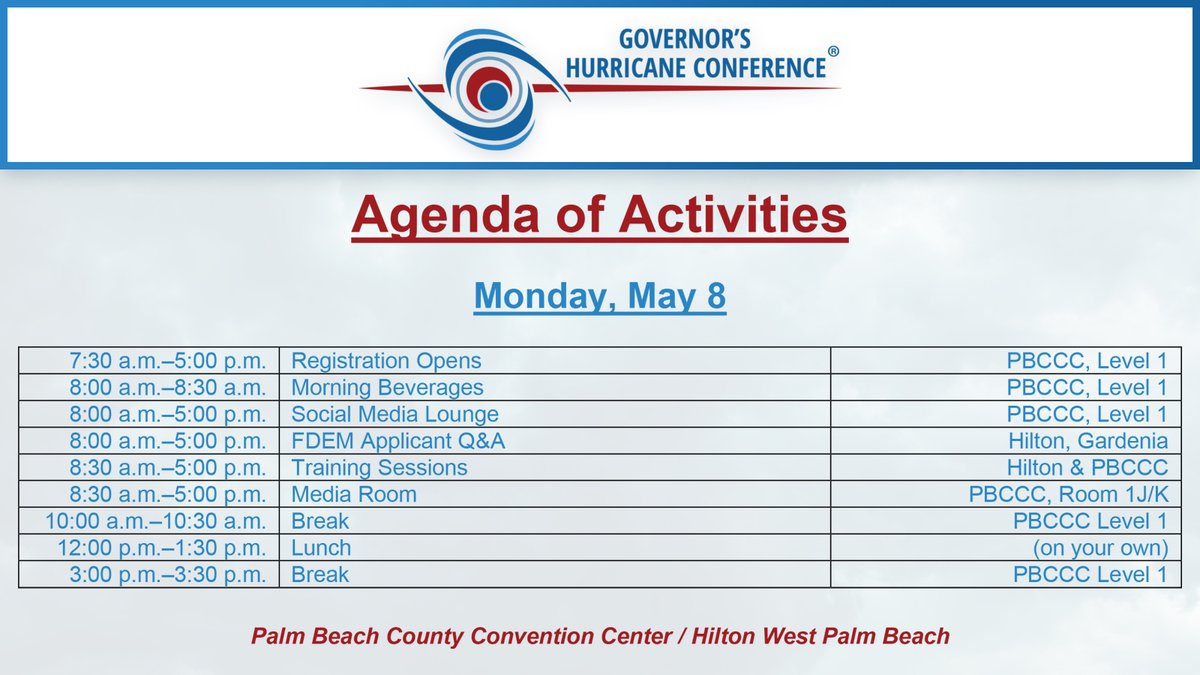 FloridaGHC's tweet photo. Welcome to the 2023 Governor’s Hurricane Conference! Here’s what’s on the schedule for today! 🗓️
https://t.co/fzjy8NNcNB
#GHC2023 #GHCsuccess https://t.co/U6de5JgvJq