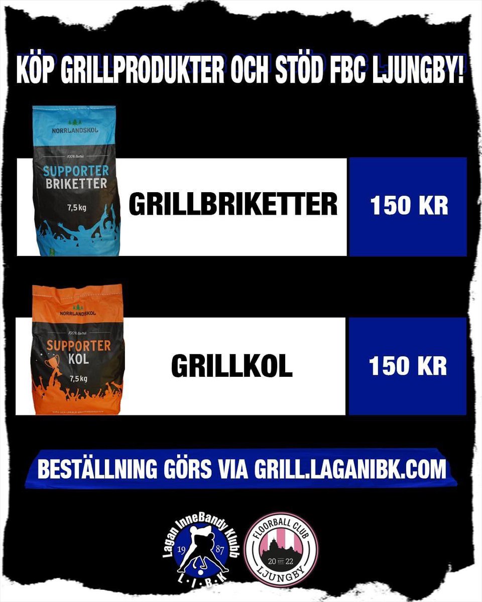 Har ni briketter/kol så att ni klara er till kommande grillkvällar? ☀️

Om inte så köper ni det via grill.laganibk.com
Förtjänsten går till FBC Ljungby 

🚗 Hemleverans inom Ljungby Kommun.

#laganibk