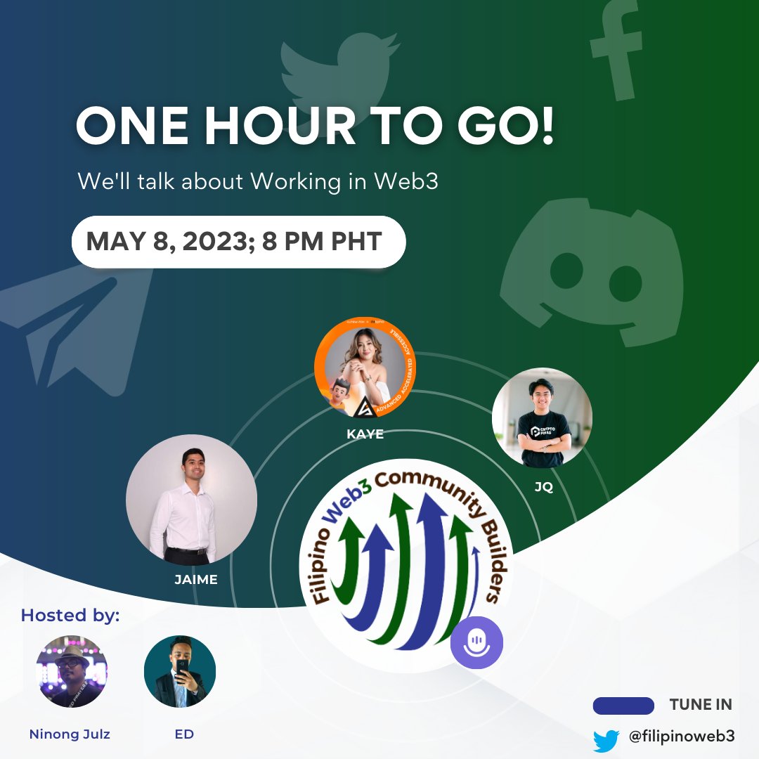 filipinoweb3's tweet photo. ๐ฃONE HOUR TO GO
๐Join us for another Twitter Spaces!
โก๏ธ8:00PM PHL Time
Joining us:
@mariakaye_co
@JaimeZ888
@jqcryptoph
Hosted by:
@edmundcatungal
@ninongjulz
โก๏ธSet reminder here: https://t.co/U474Va8rlz
#FilipinoWeb3 #WorkingInWeb3 https://t.co/jkWC2N5MN0