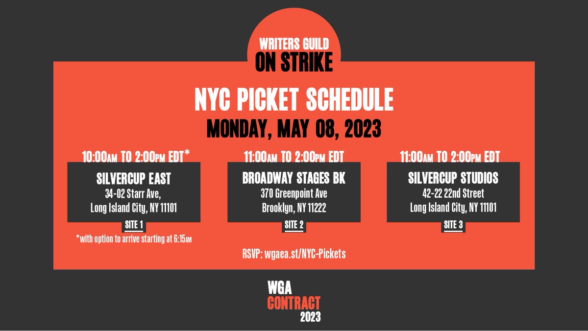 WGAEast's tweet image. Join striking WGA members at 3 NYC pickets on Monday, May 8:
 
Location 1:
Silvercup East
10am - 2pm
 
Location 2:
Broadway Stages (Brooklyn)
11am - 2pm
370 Greenpoint Ave at Jewel St (New location)
 
Location 3:
Silvercup Studios (Main)
11am - 2pm

RSVP: airtable.com/shr86fQEfrBFsQ…