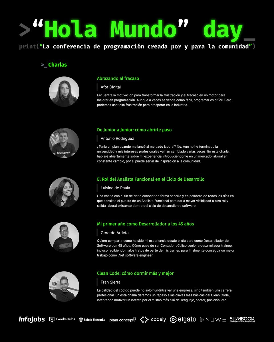 MoureDev's tweet image. Lo de hoy va a ser una locura...

1️⃣ De Junior a Junior: cómo abrirte paso
2️⃣ El Rol del Analista Funcional en el Ciclo de Desarrollo
3️⃣ Git y GitHub para el mundo
4️⃣ Clean Code: cómo dormir más y mejor
5️⃣ Abrazando al fracaso
6️⃣ Descubre el mundo del machine learning 
7️⃣ Mi…