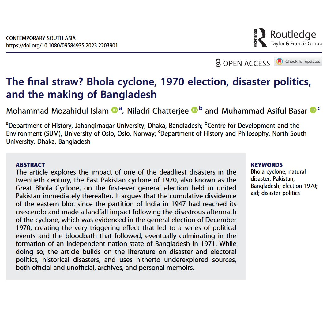 sum_uio's tweet photo. What role did a 🌀cyclone play in the making of 🇧🇩#Bangladesh?
📰New research by @niladri4u highlights the complex interplay of ecology, natural disasters, and electoral politics in the making of a nation.
https://t.co/CIHpnCYjiJ
#BholaCyclone @contemporarySA @Asianettverket https://t.co/Z3BwQY4AtJ