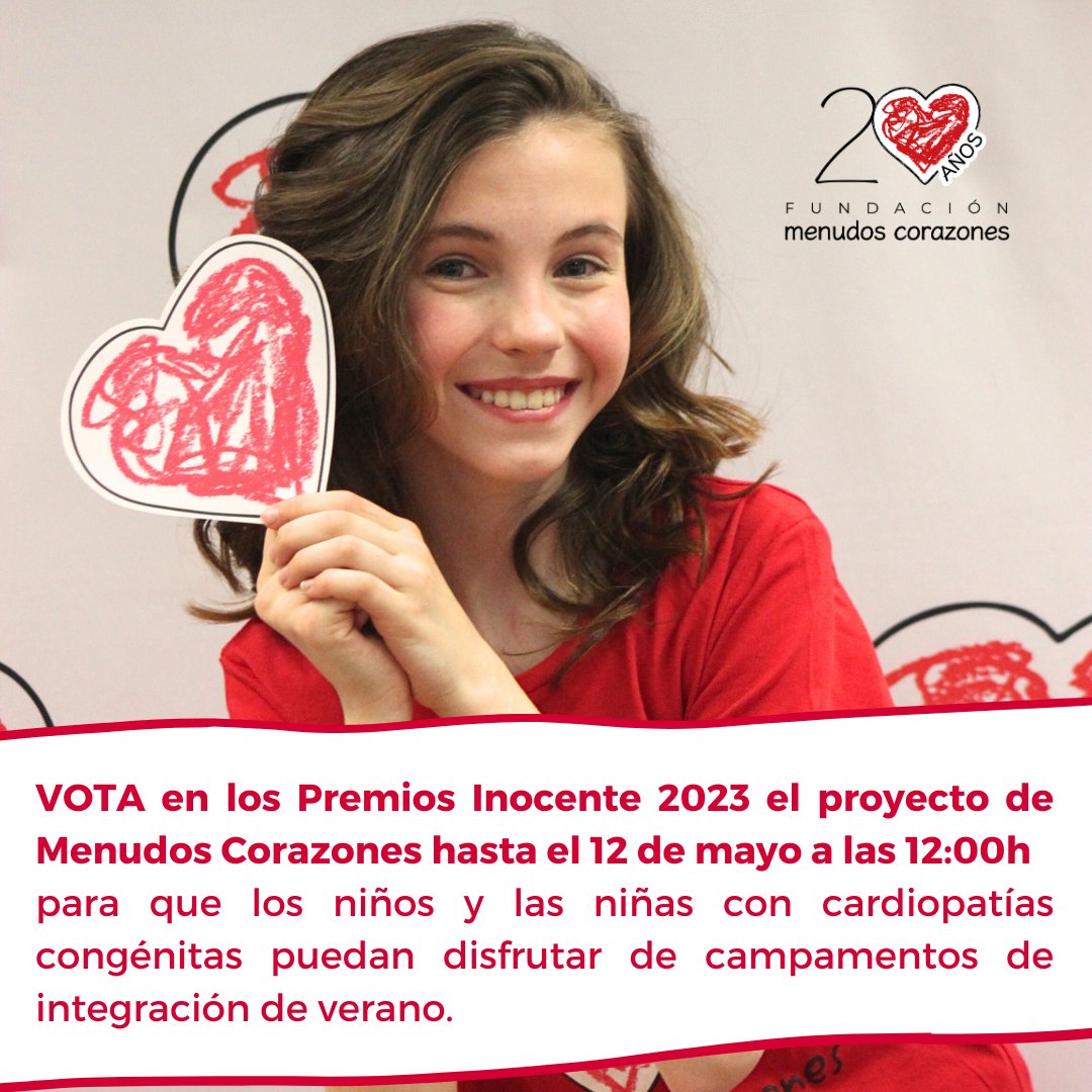 🗳️VÓTANOS en los #PremiosInocente2023 para que niños y niñas con #CardiopatíasCongénitas puedan disfrutar de campamentos de integración.

⏳Necesitamos 3.000 votos en el vídeo de nuestra madrina, Anastasia Russo, antes del 12/05/23 a las 12h. ¡GRACIAS!

➡fundacioninocente.org/premios-inocen…