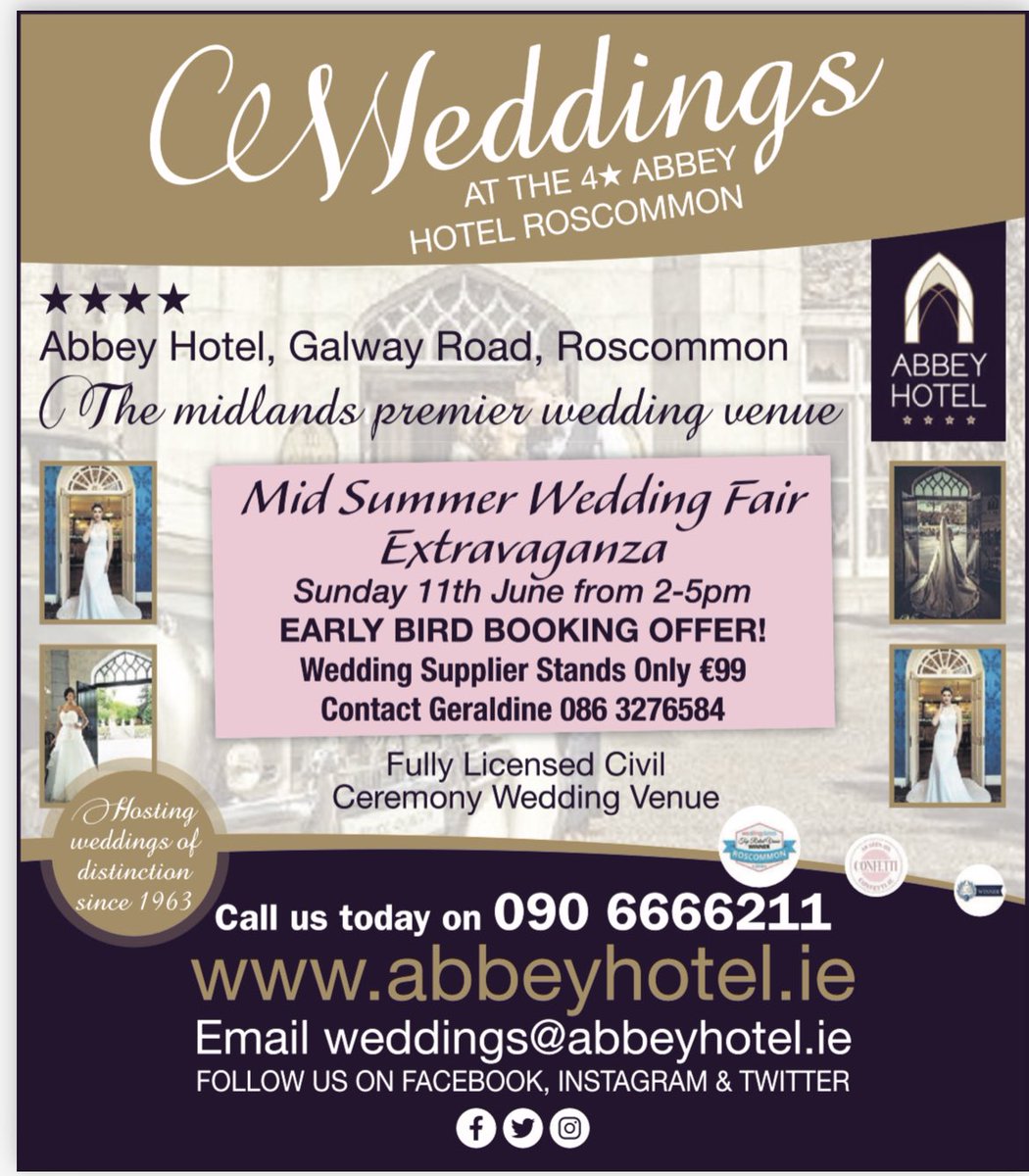 Calling all wedding suppliers… a date for your diary ! Don’t miss our 11th June Wedding Fair at the Abbey 💍👰🏻👰‍♀️🤵‍♀️🤵bridal #suithire #carhire #weddingideas #weddings #weddingfair #mua #hairandmakeup #weddingcake #weddingphotography #weddingdress #weddingplanning ☎️086 3276584