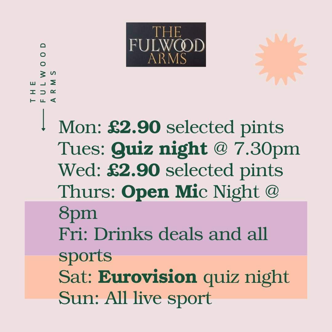 TheFulwoodArms's tweet photo. Good afternoon! It's #Eurovision, it's a #BankHolidayMonday &amp; it's the start of a jam-packed week! Join us tonight for cheap drinks &amp; more events &amp; deals than we can list! We're open from 12 noon today too, so why not take advantage of the bank holiday to see us early? 😎🍺 https://t.co/OLbe3LimkY