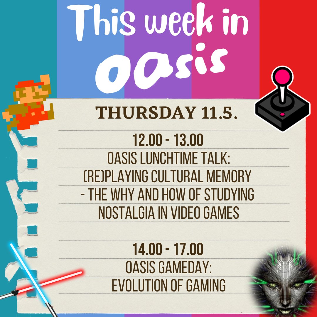 oasis_tuni's tweet photo. Join us this week for two events happening in OASIS on Thursday!

Starting at 12 PM is the latest OASIS Lunchtime Talk  and from 2PM until 5PM we have the May OASIS Gameday with the theme of Evolution of Gaming. 

Both events are free and open for everyone!

#oasistuni https://t.co/01OYbC2FmT