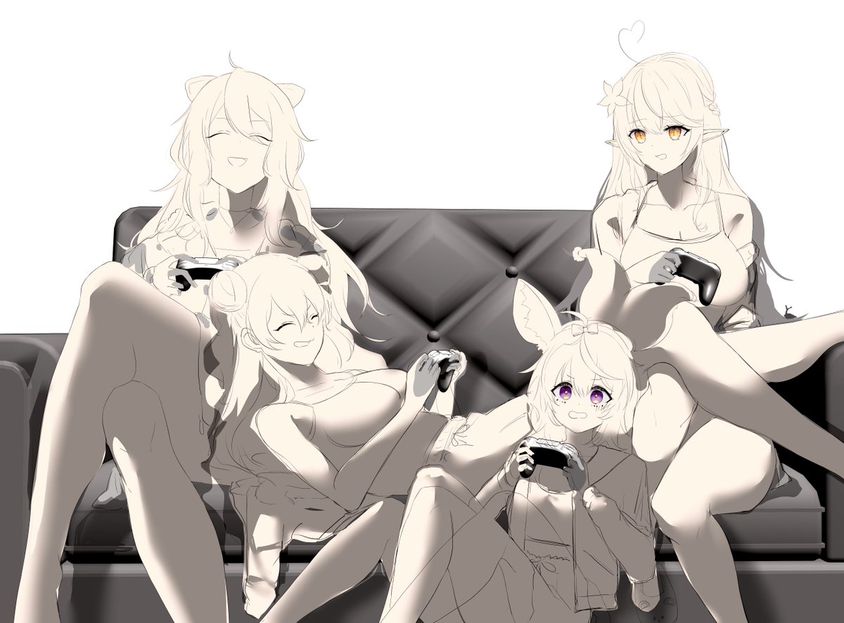 桃鈴ねね ,尾丸ポルカ ,獅白ぼたん ,雪花ラミィ 「半年前くらいのラフ絵がでてきた。 今みると色々おかしいからこれはボツだけど、ねぽ」|綾香／AYAKA💎のイラスト