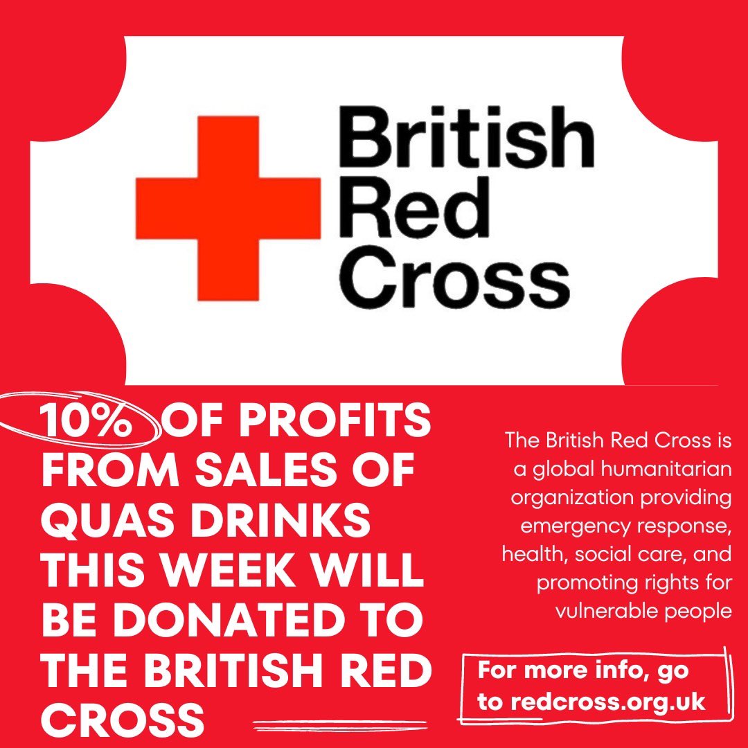 QuasDrinks's tweet photo. Join us in raising money for #worldredcrossday
From 8/5 to 12/5, we're donating 10% of profits to @britishredcross - a humanitarian organisation providing assistance, support and promoting rights for those in crisis.
Thank you for helping us make a difference! https://t.co/sQeGWkRenX