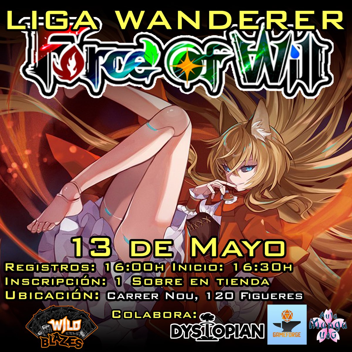 wildblazesteam's tweet photo. Este sábado 13 a las 16h volvemos con la Liga Wanderer de #FowTcg en @DystopianHob de Figueres juntamente con @AulaManga y Game Forge ALC, participa con solo comprar un sobre en la tienda y obtén cartas promo de @ForceOFWill_ES 
¡Nos vemos allí, Soberanos! https://t.co/w8Fs2qEalQ