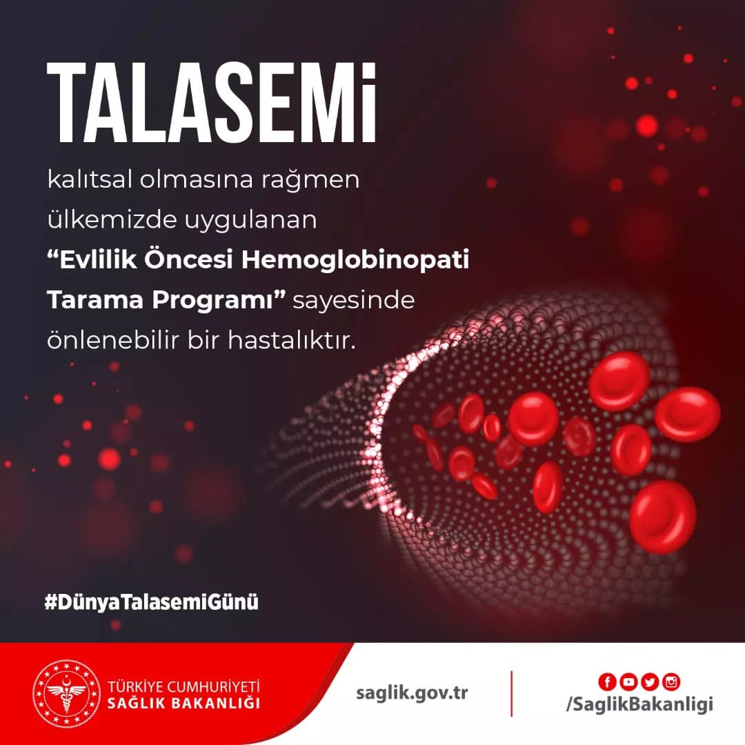 Talasemi, kalıtsal olmasına rağmen ülkemizde uygulanan “Evlilik Öncesi Hemoglobinopati Tarama Programı” sayesinde önlenebilir bir hastalıktır. #DünyaTalasemiGünü