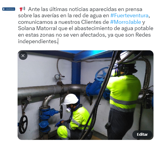 AguasdeAntigua's tweet photo. Ante las últimas noticias aparecidas en prensa sobre las averías en la red de agua en #Fuerteventura, comunicamos a nuestros Clientes de Costa Antigua y Caleta de Fuste que el abastecimiento de agua potable en estas zonas no se ven afectados, ya que son Redes independientes. https://t.co/kzk3KJGeZY