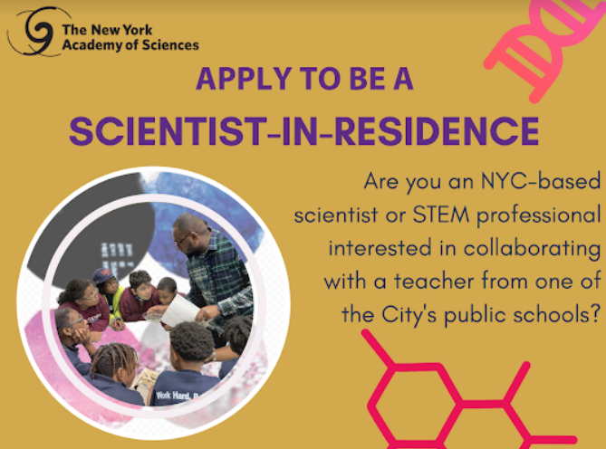 MillionWMentors's tweet photo. New York Academy of Sciences has started recruiting for their Scientist-in-Residence program, which pairs scientists with NYC public school educators and supports them in creating and implementing a year-long research project. https://t.co/s3tVLZ4dGN https://t.co/hHidCZ1Er7