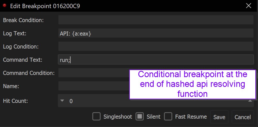 🚨Malware Tips 🚨 - Resolving API Hashes Using Conditional Breakpoints. 

By adding breakpoints and log conditions to a function that resolves api hashes, it's possible to quickly resolve api hashes in bulk.

Thread
[1/11] 👇

#Malware #AgentTesla #Ghidra #Debugging