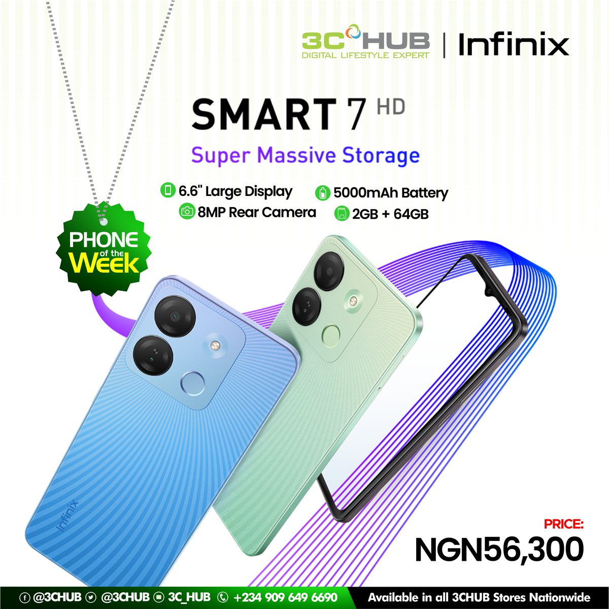 3CHUB's tweet photo. PHONE OF THE WEEK!

The long-lasting 5000 MAh battery of the #InfinixSmart7 has got what it takes to carry you through with non-stop entertainment and fun.

Below are the specification of the Infinix Smart7 HD:
Memory: 64GB 2GB RAM
Display: 6.6 inches large display https://t.co/tOE4eDiIPn