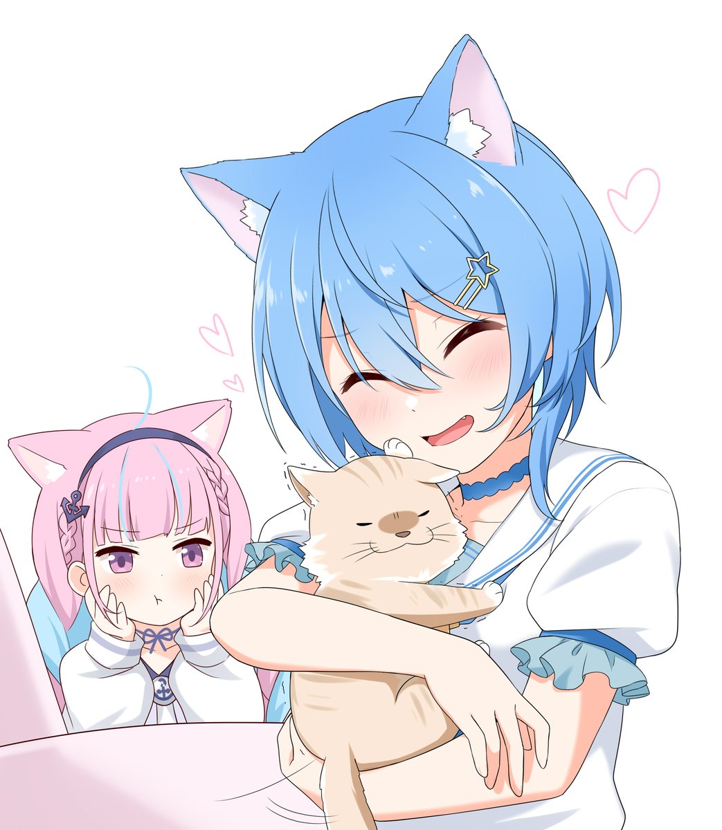 minato aqua animal ears multiple girls 2girls blue hair cat ears cat hair ornament  illustration images