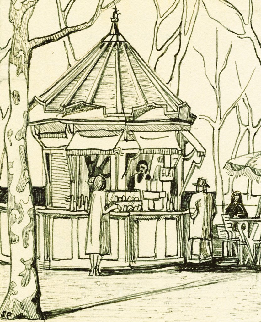 'Citronnade Stand in Tuileries', one of many pen and ink sketches by poet Sylvia Plath (1956) #WomensArt