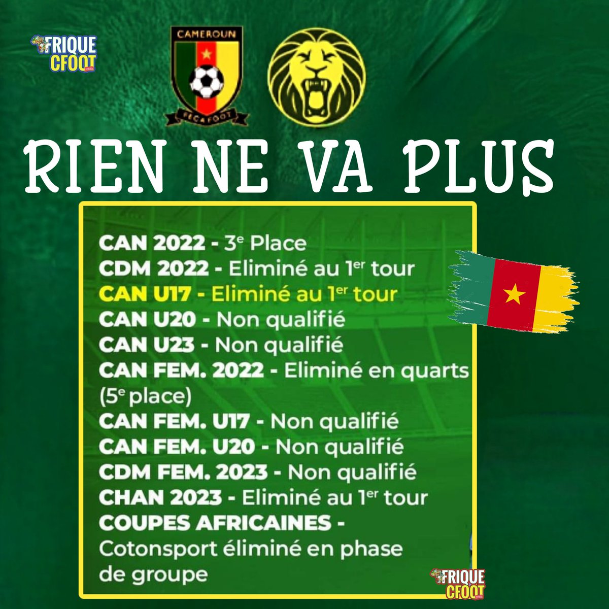 Lekip2foot's tweet photo. Afrique Cfoot LES AMIS ONT ÉCHOUÉ !
LA CARTE RIDICULE DU FOOTBALL CAMEROUNAIS SANS LES LIONS INDOMPTABLES !
#AfriqueCfoot #noHow https://t.co/4I0dEQtzky