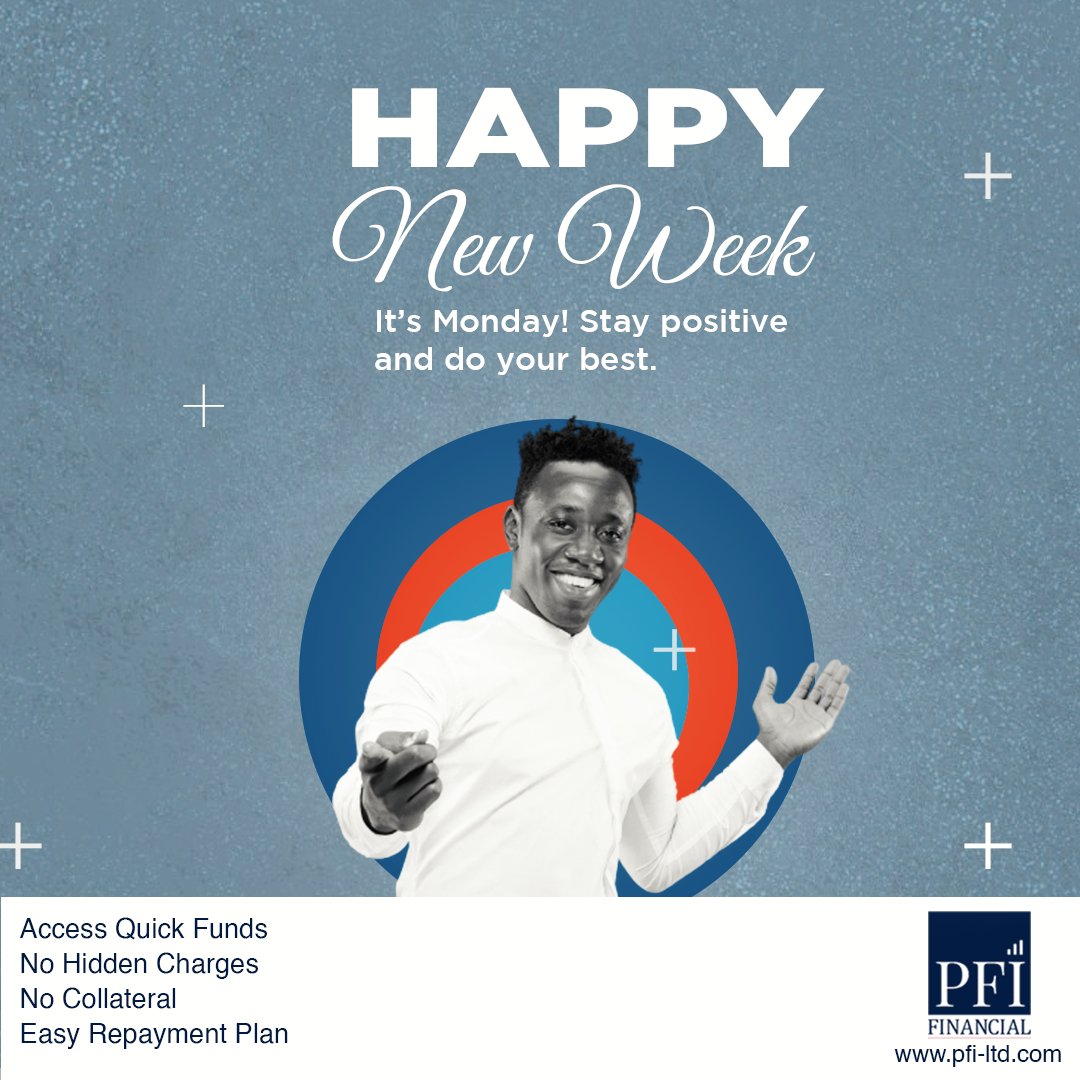 Pfifinancial's tweet photo. It's Monday. Stay positive, do your best and the rest of the week will be a sweet as the weekends.

We wish you a great week ahead.
#Loans #Personalloans #SalaryAdvance #Salaryloans #Pfifinancial #Loans #Travel #StudyAbroad #Financing #Mondaymotivation https://t.co/pqZTTswcS0