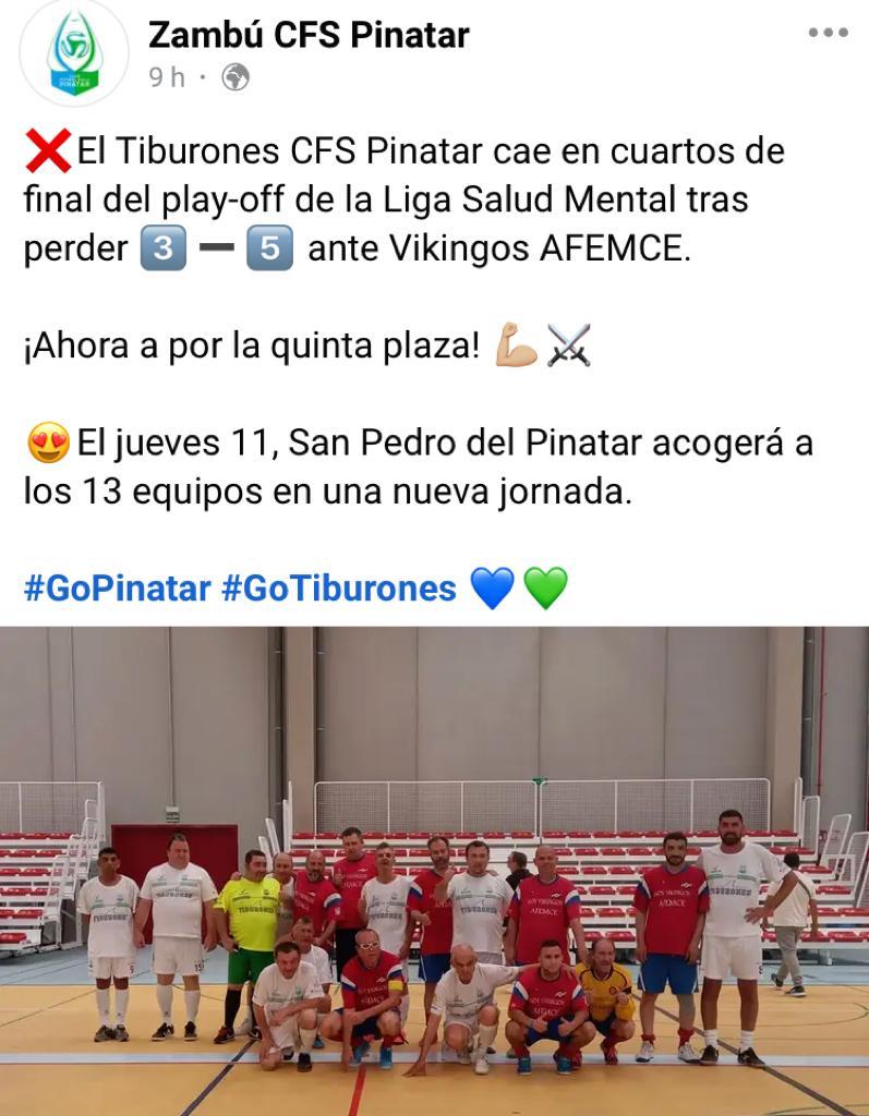 afemarSM's tweet image. 📷El Tiburones CFS Pinatar cae en cuartos de final del play-off de la Liga Salud Mental tras perder 📷📷📷 ante Vikingos AFEMCE.
¡Ahora a por la quinta plaza! 📷📷
📷El jueves 11, San Pedro del Pinatar acogerá a los 13 equipos en una nueva jornada.
#GoPinatar #GoTiburones 📷📷