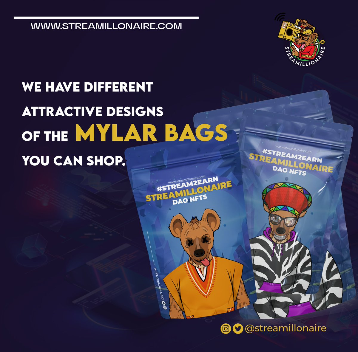 Visit our website to shop various designs of our Mylar bags.

#streamillonaire #lagoslabs #mylarbags #techstartup #mylarbag #mylarbaglabels #mylarbagdesign #nftdesign #nftdesigns #nftdesigner