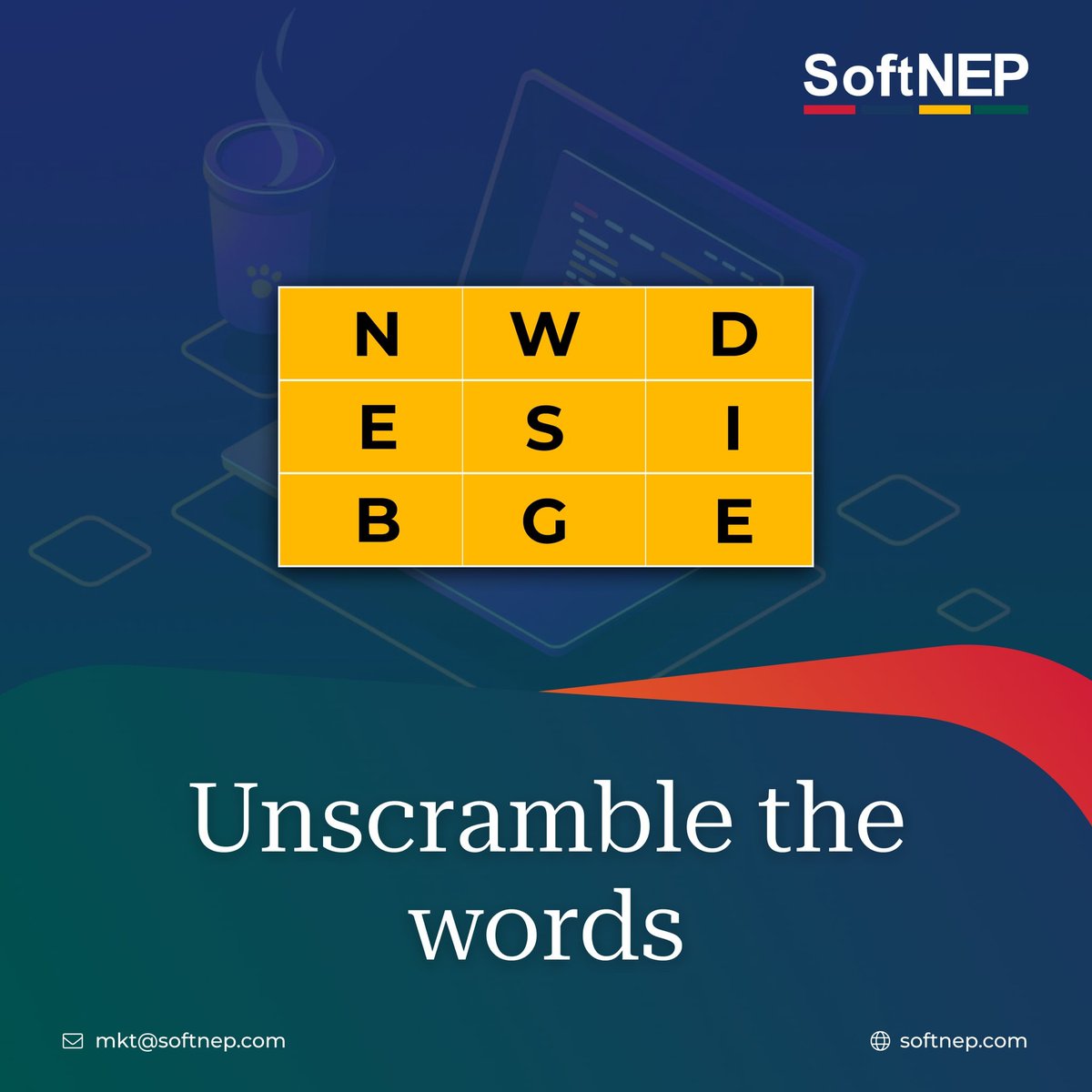 SoftNEP's tweet photo. Let's take a guess here - can you unscramble the words?📷
*Hint: It is one of SoftNEP’s services!
#softnep #softnepservices https://t.co/3ZsioZBy8U