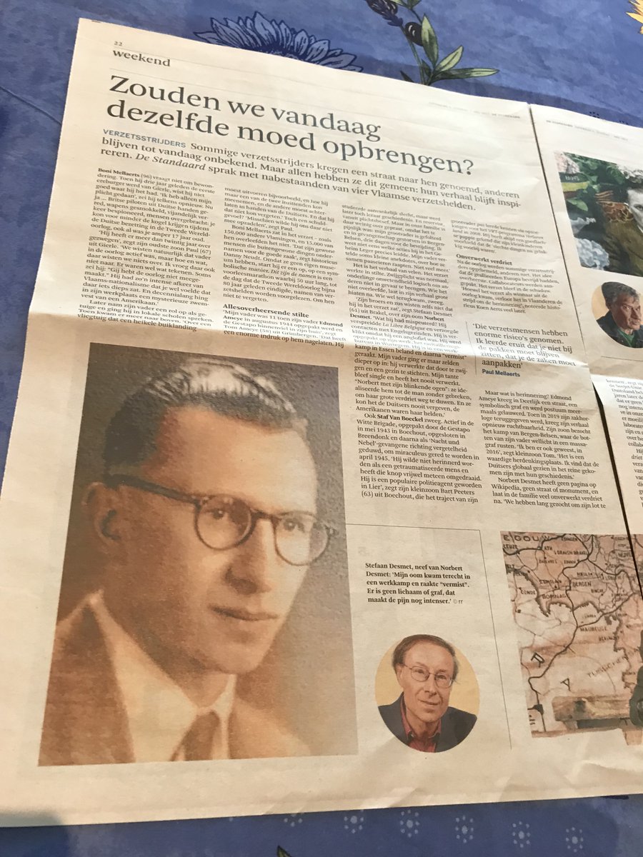 StefaanLiterair's tweet photo. Interessant artikel in de weekendkrant van De Standaard van 6 mei over de moed van verzetsstrijders tijdens WOII.
Onder hen mijn oom Norbert: Robert Demets in mijn roman 'Wit verdriet, zwart verdriet' (@WitsandUitg). https://t.co/aqzra5ZJFl