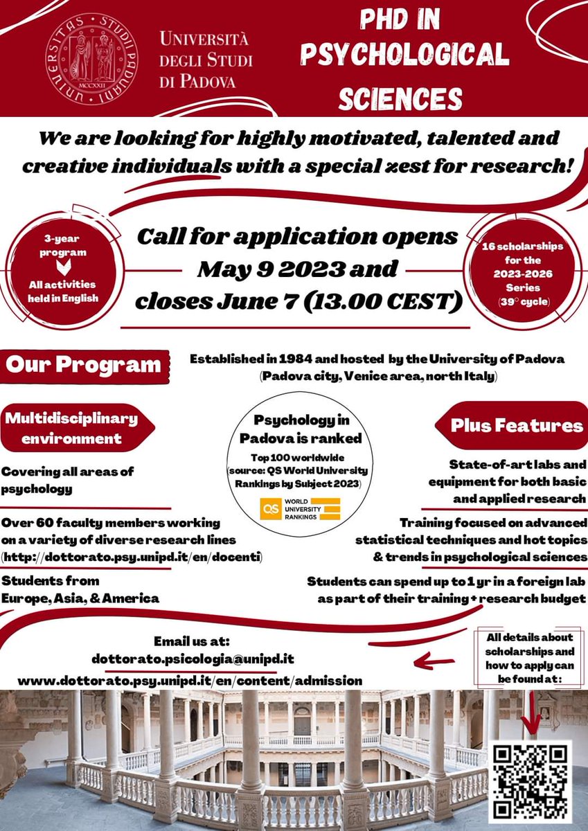 RobertaSellaro's tweet photo. XXXIX CICLO DI DOTTORATO PHD IN PSYCHOLOGICAL SCIENCES

Call for application opens
May, 9th 2023
and closes
June, 7th 2023

Info https://t.co/OYBcjCMV7n https://t.co/R73zO5oy9c