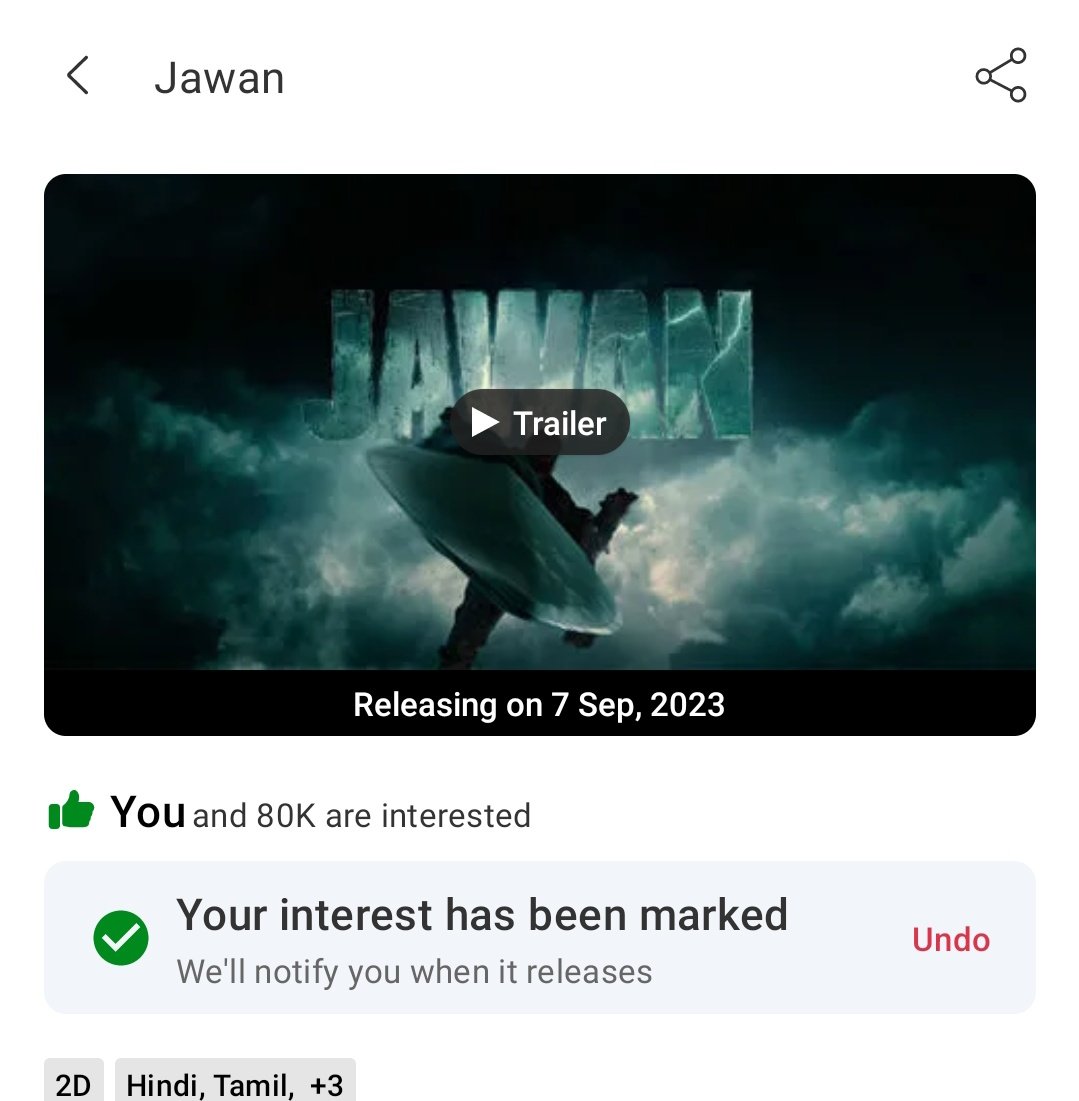 Crazy4SRK22's tweet photo. #Jawan Completed 80K interest Mark On Book My Show , Insane Craze For #Jawan 🔥🔥
#7thSeptember2023 https://t.co/TyfW9JXH0j