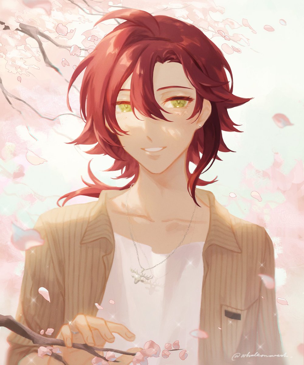 1boy red hair male focus green eyes cherry blossoms solo mole under eye  illustration images