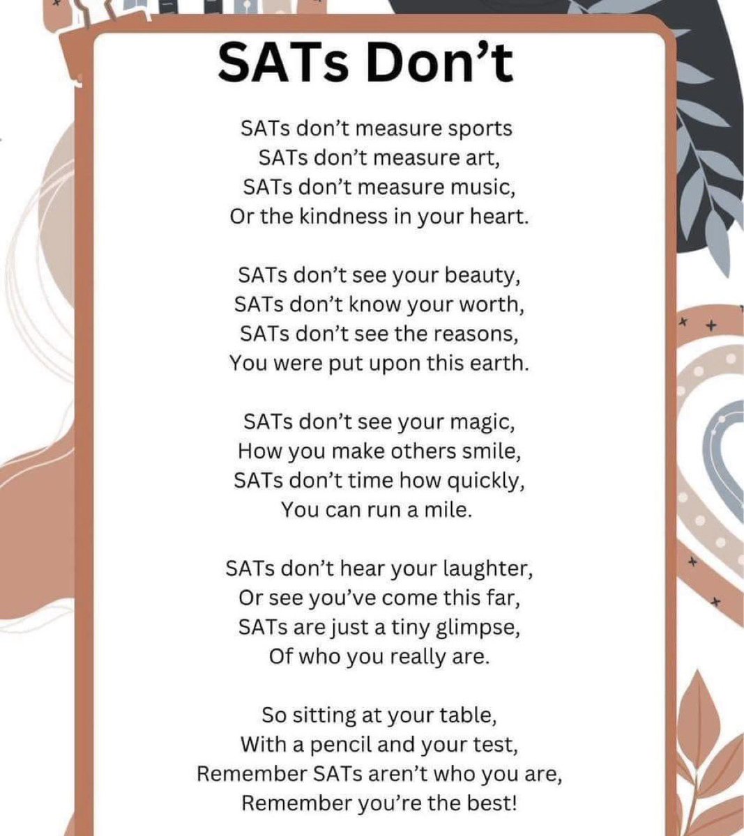 BroadheathCE's tweet photo. A message for our amazing year 6s. Good luck in your SATs this week. We all believe in you. You will all do fantastic. No matter what, we are all so proud of each and every one of you! Remember, SATs don’t define who you are ❤️
#yougotthis https://t.co/uV66aKvOrB