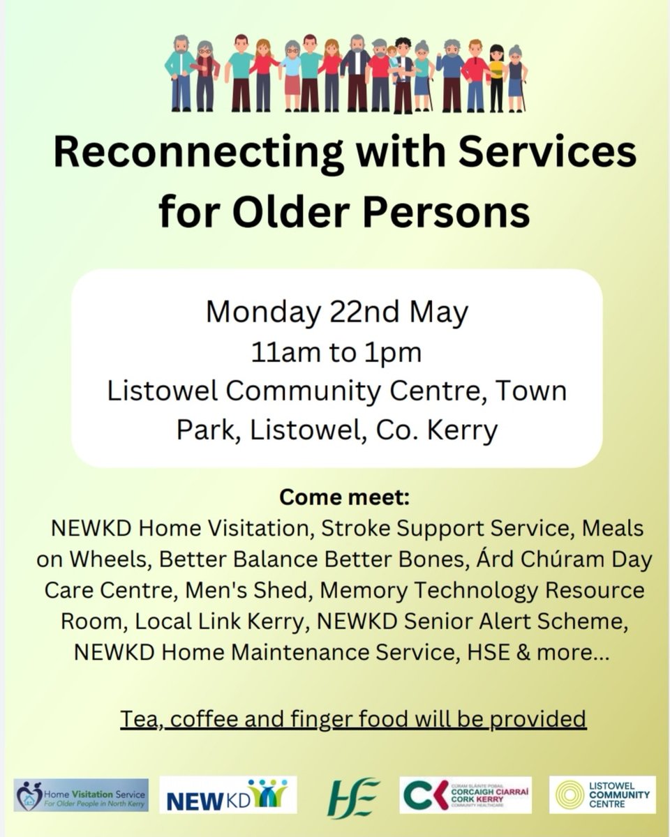 NEWKD (@newkdnews) on Twitter photo Reconnecting with services for older persons. Monday 22nd May, 11am to 1pm, Listowel Community Centre. <a href="/CentreListowel/">Listowel Community Centre</a> <a href="/ArdChuram/">Ard Chúram</a> <a href="/NEWKDNews/">NEWKD</a> <a href="/HealthyKerry/">HealthyKerry</a> @hsekerry <a href="/IrishSheds/">Irish Men's Sheds Association</a> <a href="/countykerry/">Kerry County Council - Comhairle Contae Chiarraí</a> <a href="/LoveListowel/">Love Listowel</a> <a href="/listowel/">Listowel</a> Reconnecting with services for older persons. Monday 22nd May, 11am to 1pm, Listowel Community Centre. <a href="/CentreListowel/">Listowel Community Centre</a> <a href="/ArdChuram/">Ard Chúram</a> <a href="/NEWKDNews/">NEWKD</a> <a href="/HealthyKerry/">HealthyKerry</a> @hsekerry <a href="/IrishSheds/">Irish Men's Sheds Association</a> <a href="/countykerry/">Kerry County Council - Comhairle Contae Chiarraí</a> <a href="/LoveListowel/">Love Listowel</a> <a href="/listowel/">Listowel</a>
