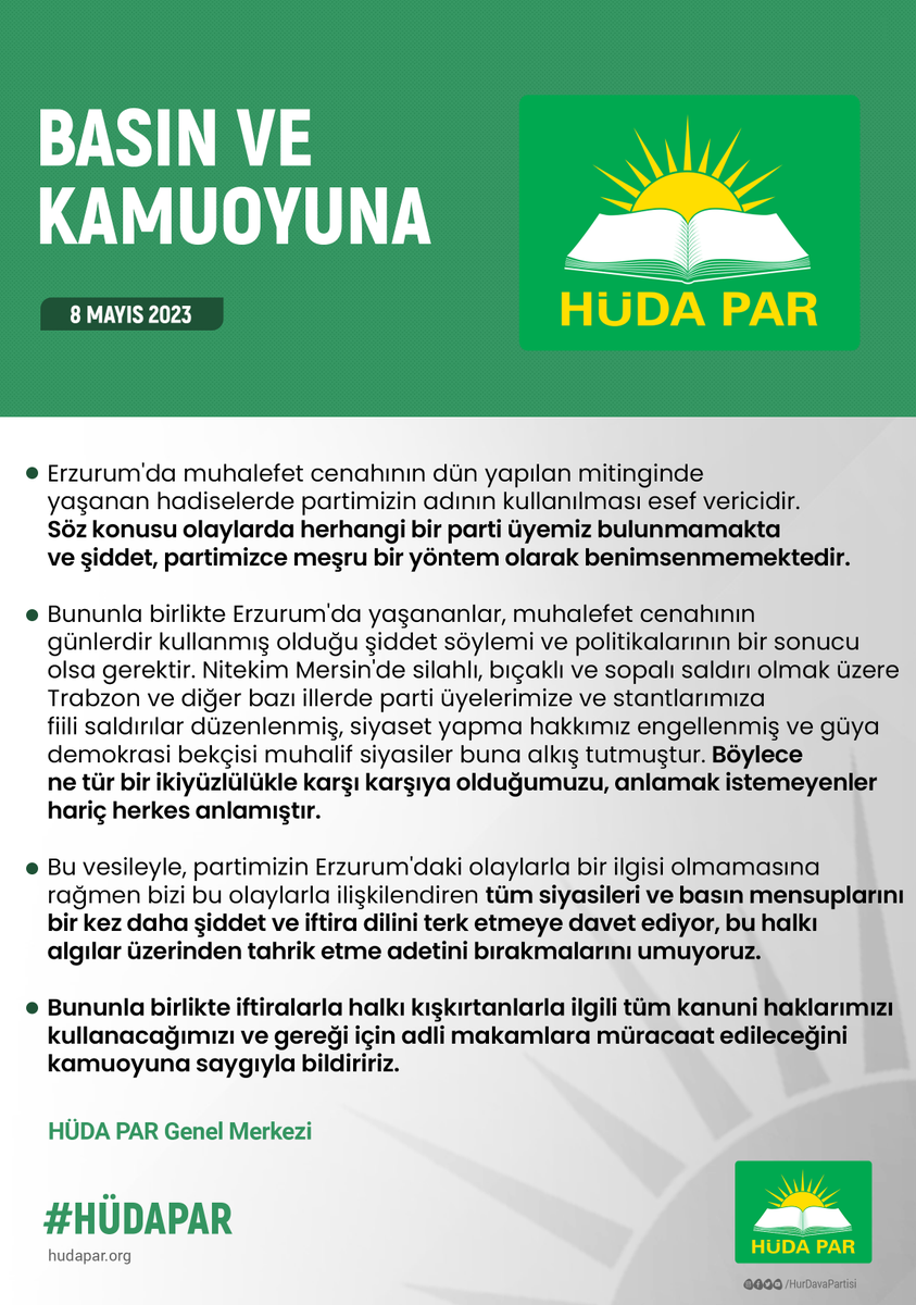 Erzurum’da yaşanan olaylarda muhalefet tarafından partimizin isminin kullanılmasıyla ilgili Genel Merkezimizin yaptığı yazılı açıklama...
#HÜDAPAR