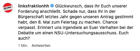 Glückwunsch, <a href="/GRUENE_Hamburg/">GRÜNE Hamburg</a>, dass Ihr Euch der Forderung anschließt. Schade nur, dass Ihr in der Bürgerschaft gegen unseren Antrag zum #8Mai als #Feiertag gestimmt habt. Erinnert uns irgendwie an Euer Verhalten in der Debatte um den #NSU-Untersuchungsausschuss. Euch auch?
