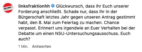 Glückwunsch, @GRUENE_Hamburg, dass Ihr Euch der Forderung anschließt. Schade nur, dass Ihr in der Bürgerschaft gegen unseren Antrag zum #8Mai als #Feiertag gestimmt habt. Erinnert uns irgendwie an Euer Verhalten in der Debatte um den #NSU-Untersuchungsausschuss. Euch auch?