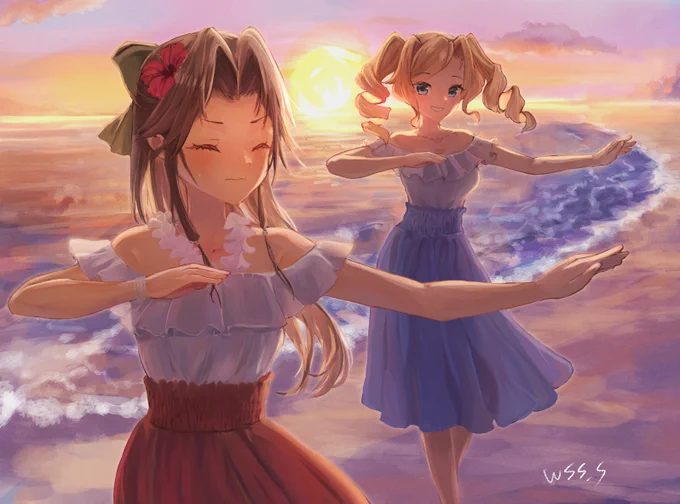 ホノルルにフラを教わる神通さん(Skeb) がんばれ神通さん #艦これ