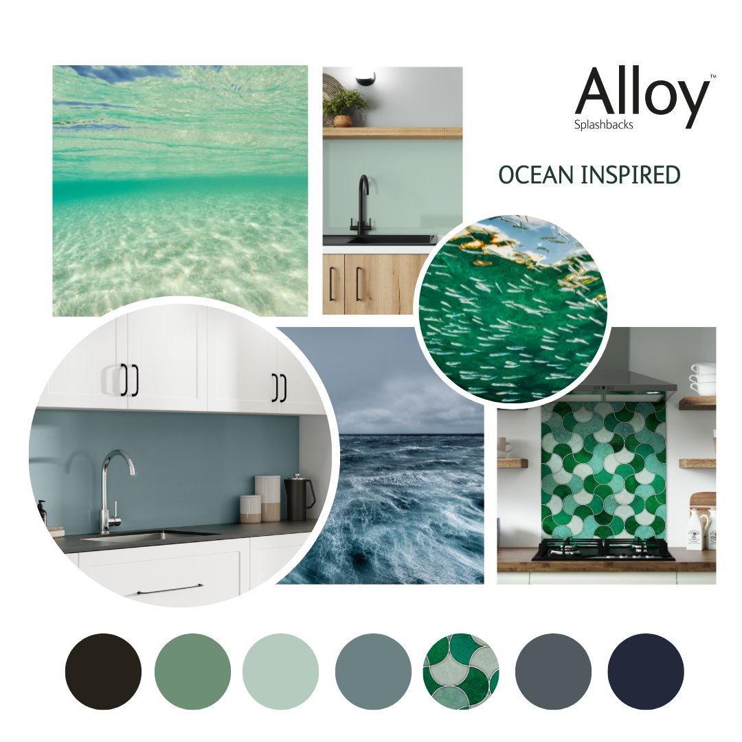 Immerse yourself in the calming blues and refreshing greens of the ocean with our stunning Alloy Splashback designs 🌊 Be inspired by the tranquillity and depth with your next design. View the collection here - hubs.ly/Q01LFY1M0 #KitchenSplashback #OceanInspired