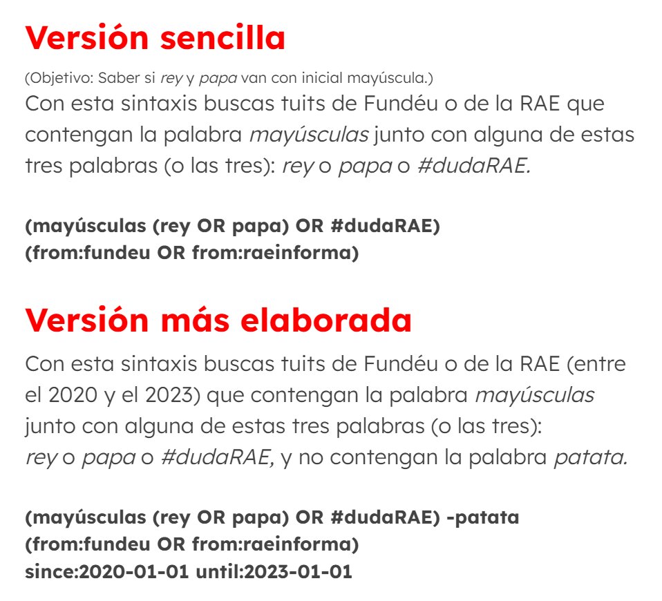 BUSCA BIEN EN TWITTER Y AHORRA TIEMPO

P. ej.: Antes de preguntar a <a href="/Fundeu/">FundéuRAE</a> o <a href="/RAEinforma/">RAE</a>, recuerda que alguien preguntó lo mismo diez veces.

① Memoriza tres simples comandos de búsqueda.
② Si te resulta complejo, usa x.com/search-advanced

Er tuit: bit.ly/42u89B3