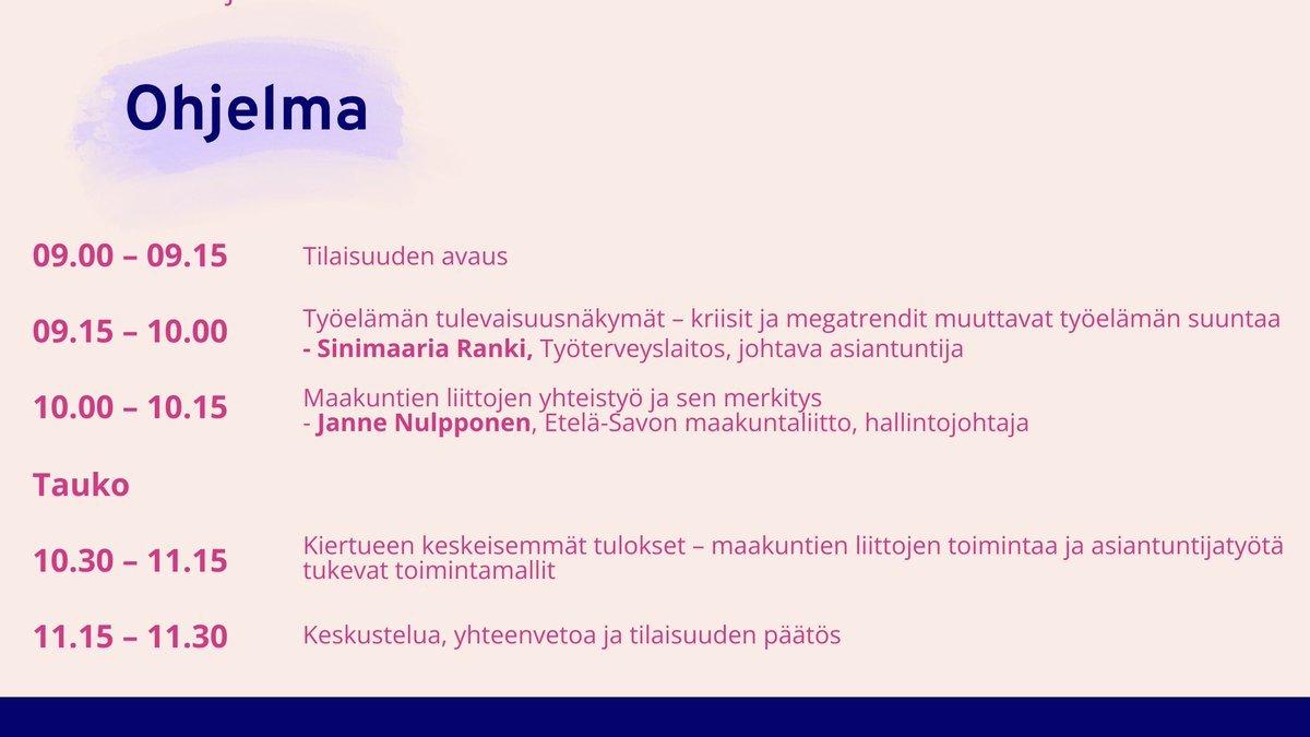Muistutus kaikille maakuntien liittojen kollegoille! Tervetuloa 11.5. linjoille Future is Made Together-tilaisuuteen. Kutsut lähtivät jo aiemmin hallintojohtajien kautta. Alta näet ohjelman ja muut lisätiedot löydät verkkosivuiltamme: bit.ly/42g9lrn #yhdessäoppien