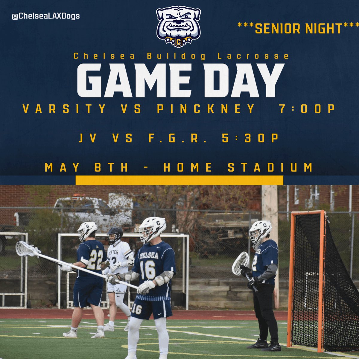 ChelseaLAXDogs's tweet photo. Senior Night Tonight!  Come watch the Varsity squad take on Pinckney (7:00) and the JV squad take on FGR (5:30). We will be celebrating and honoring our 8 seniors during the varsity halftime. https://t.co/spha2oRJz7