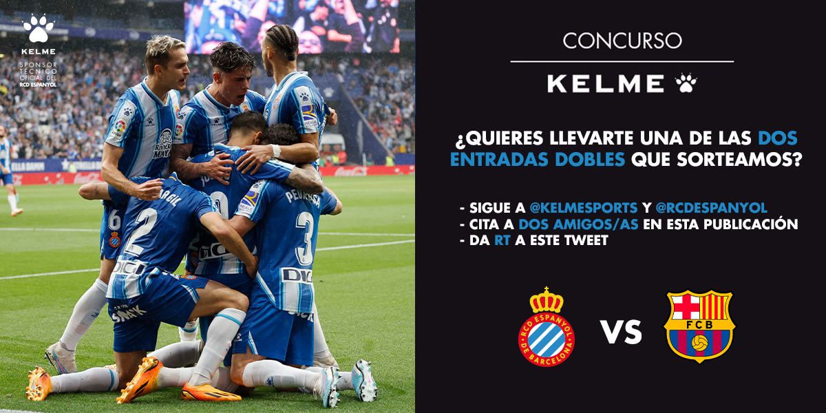 KELME España (@kelmesports) on Twitter photo ⚪️ 𝗦𝗢𝗥𝗧𝗘𝗔𝗭𝗢 🔷
🎟️ 𝗗𝗢𝗦 𝗘𝗡𝗧𝗥𝗔𝗗𝗔𝗦 𝗗𝗢𝗕𝗟𝗘𝗦: RCD Espanyol – FC Barcelona
👥 Sigue a <a href="/Kelmesports/">KELME España</a> y <a href="/RCDEspanyol/">RCD Espanyol de Barcelona</a>
🔄 Haz RT
💬 Menciona a dos amigos/as. Cada comentario es una participación adicional.
Puedes participar hasta el JUEVES a las 15:00 ⏳ ⚪️ 𝗦𝗢𝗥𝗧𝗘𝗔𝗭𝗢 🔷
🎟️ 𝗗𝗢𝗦 𝗘𝗡𝗧𝗥𝗔𝗗𝗔𝗦 𝗗𝗢𝗕𝗟𝗘𝗦: RCD Espanyol – FC Barcelona
👥 Sigue a <a href="/Kelmesports/">KELME España</a> y <a href="/RCDEspanyol/">RCD Espanyol de Barcelona</a>
🔄 Haz RT
💬 Menciona a dos amigos/as. Cada comentario es una participación adicional.
Puedes participar hasta el JUEVES a las 15:00 ⏳