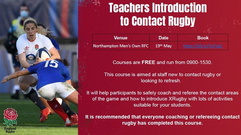 📢FINAL CALL for those in schools, colleges, universities to sign up to our (FREE) Teacher Introduction to Contact course on 19th May in Northampton. 

Sign up: bit.ly/3IyFzqC

(p.s We have 40 more around the country in June - find them --> englandrugby.com/education)