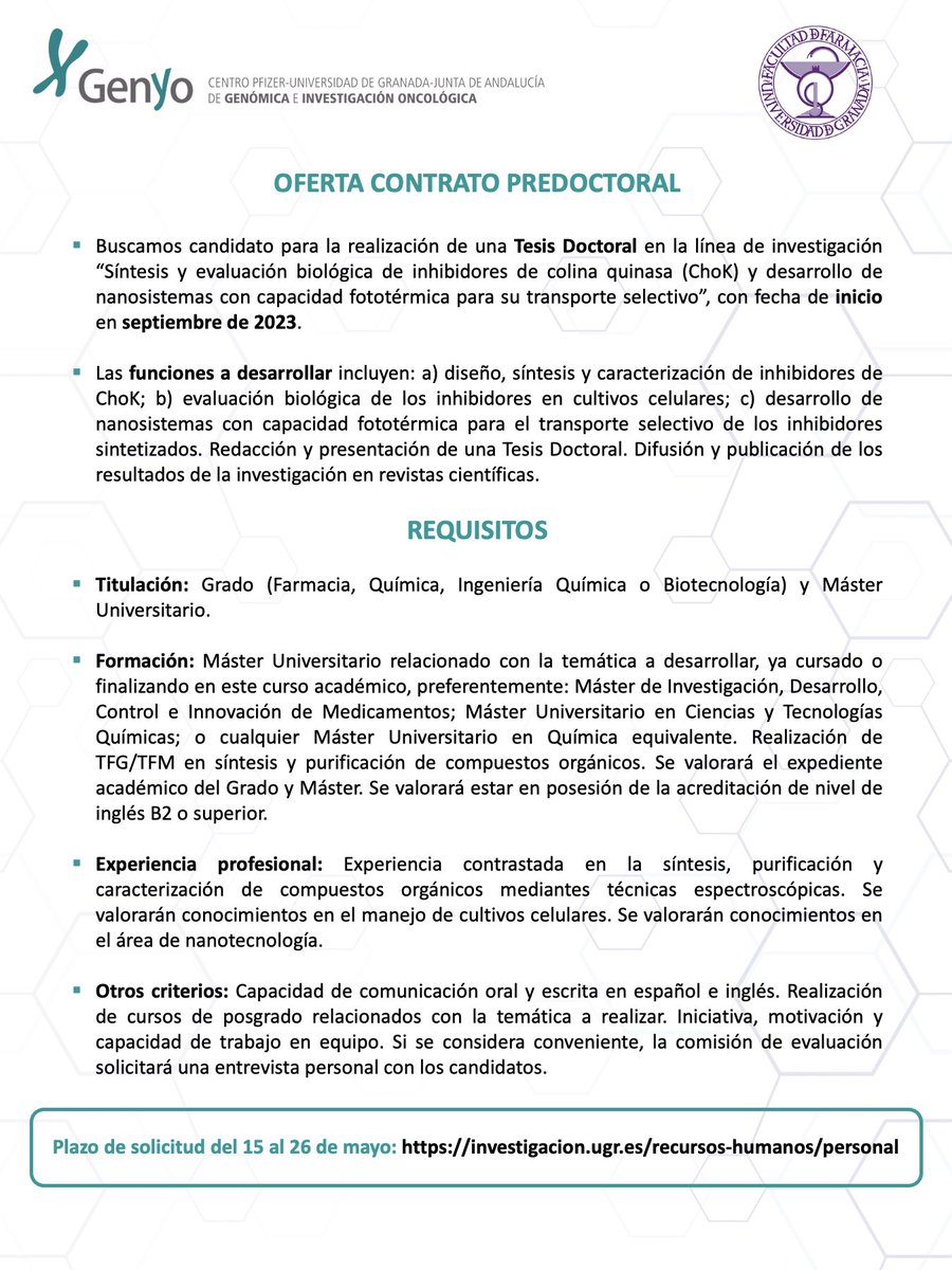 BlnRubio's tweet photo. 📢Oferta contrato predoctoral🧪
¿Quieres realizar una Tesis Doctoral en el área de Química Médica y Nanotecnología? Buscamos candidat@ para unirse a @NanoChemBio.Plazo solicitud: 15-26 mayo! ➡️https://t.co/UtxIKflT8Q 🙏🏻RT: @UEQuimica_ugr @SocEspQuimTerap @genyo_pts @ffarmaciaUGR https://t.co/qF3QFDxpCc