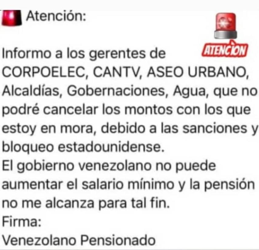 Que se haga viral! No se pueden pagar los servicios públicos debido a las sanciones y al bloqueo.