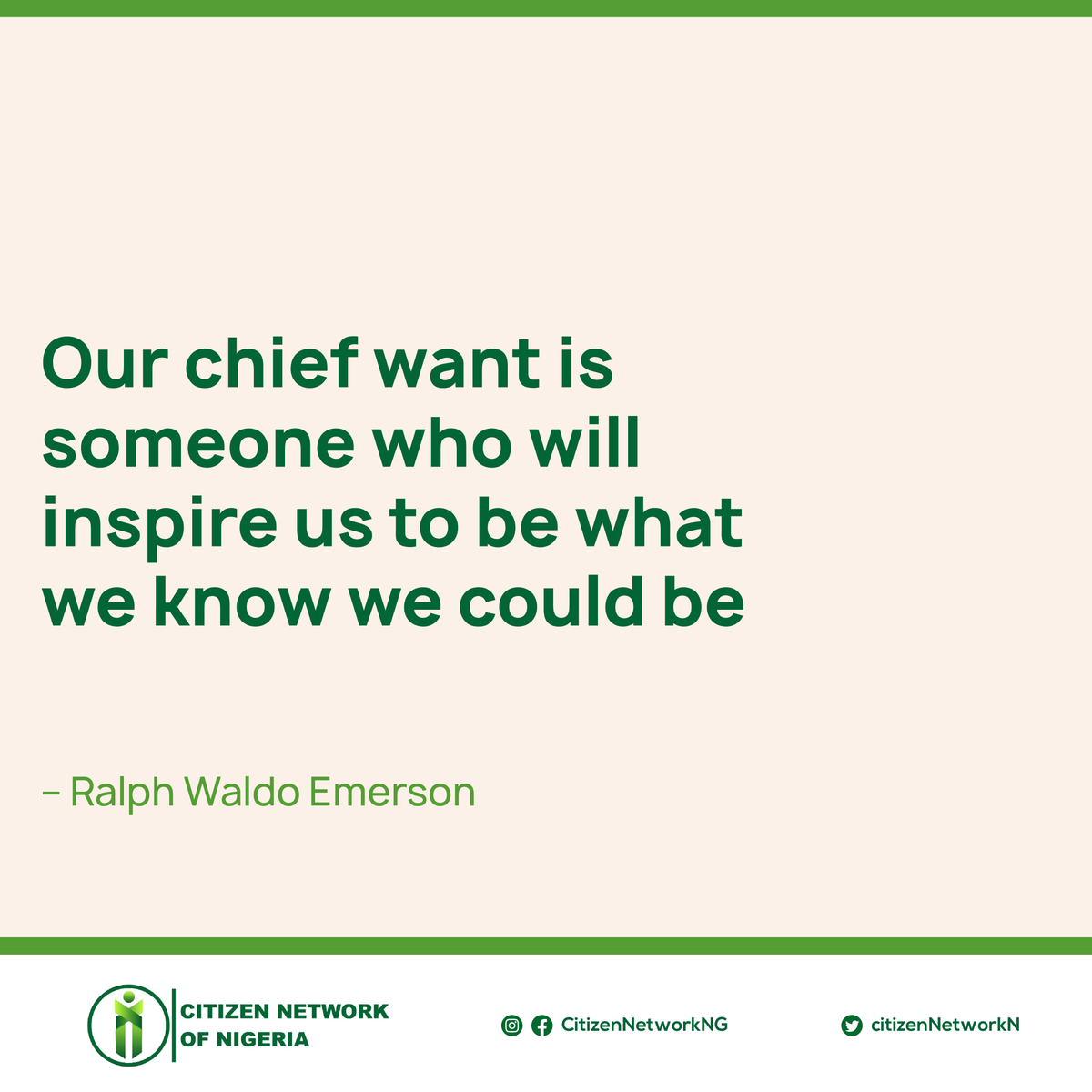 CitizenNetworkN's tweet photo. Our chief want is someone who will inspire us to be what we know we could be
– Ralph Waldo Emerson

Is Ralph's quote a reflection of who we are as a nation? Does it mean that we haven't maximized our potential because we haven't found a leader to inspire us to be what we can be? https://t.co/q8M2oLyhrQ